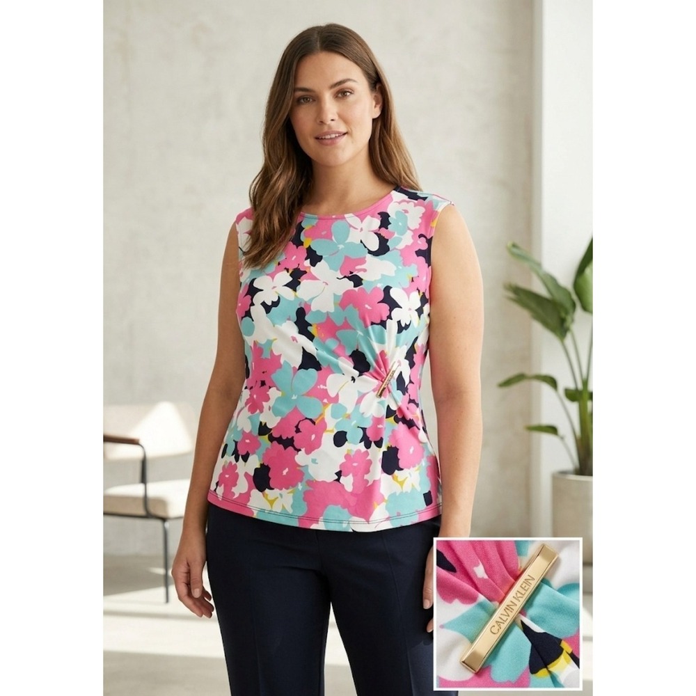Calvin Klein Womens Sleeveless Blouse Floral Ruched Side Hardware Top Sz  M